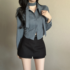 【タイ付き】【起毛】クロップブラウスシャツ BLUE