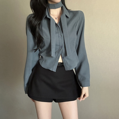 【タイ付き】【起毛】クロップブラウスシャツ BLUE