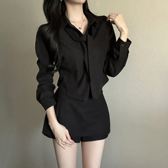 【タイ付き】【起毛】クロップブラウスシャツ BLACK