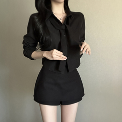 【タイ付き】【起毛】クロップブラウスシャツ BLACK