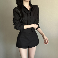 【タイ付き】【起毛】クロップブラウスシャツ BLACK