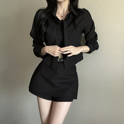 【タイ付き】【起毛】クロップブラウスシャツ BLACK