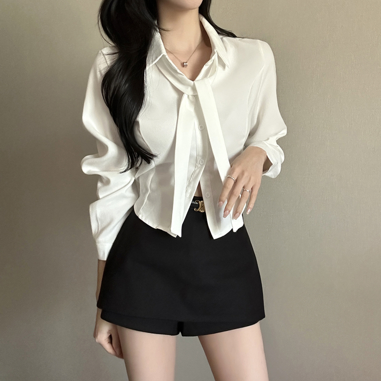 【タイ付き】【起毛】クロップブラウスシャツ IVORY