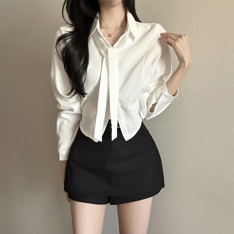 【タイ付き】【起毛】クロップブラウスシャツ IVORY