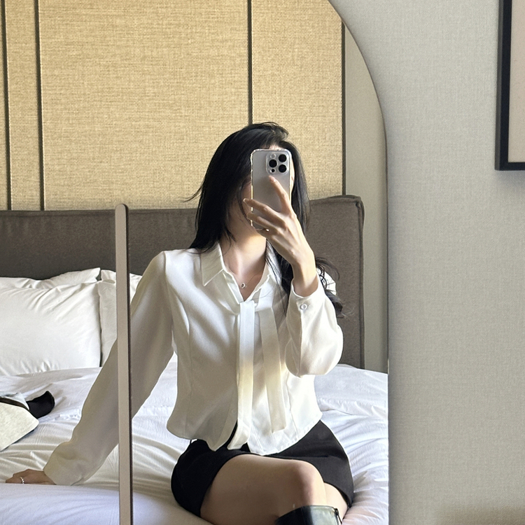 【タイ付き】【起毛】クロップブラウスシャツ IVORY