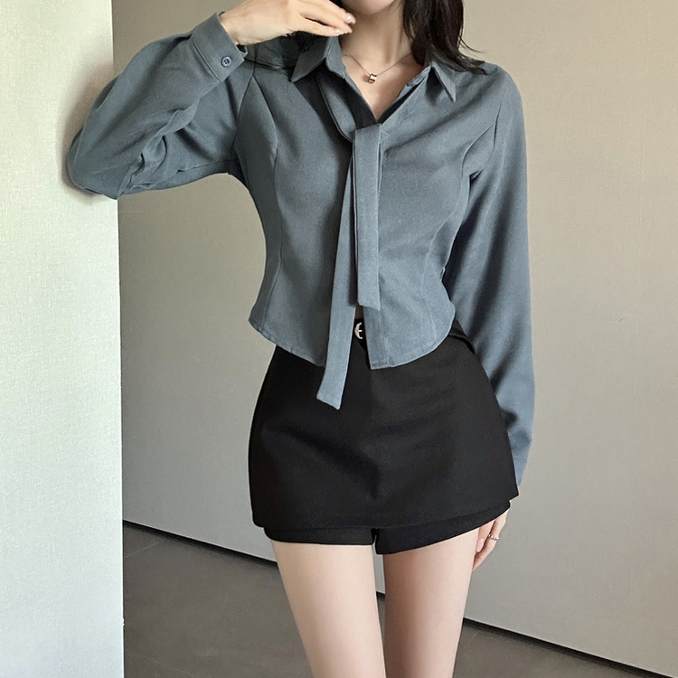 【タイ付き】【起毛】クロップブラウスシャツ BLUE