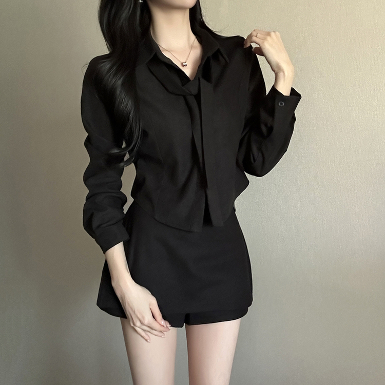 【タイ付き】【起毛】クロップブラウスシャツ BLACK