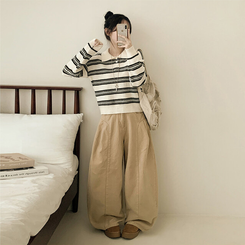 オーバーストライプボタンニット WHITE