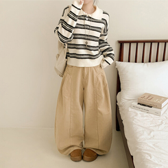 オーバーストライプボタンニット WHITE