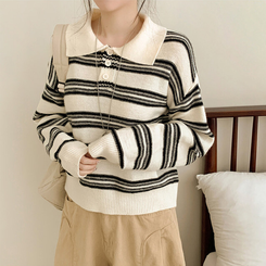 オーバーストライプボタンニット WHITE