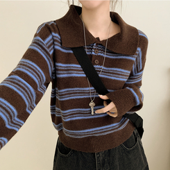 オーバーストライプボタンニット BROWN