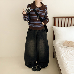 オーバーストライプボタンニット BROWN