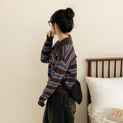 オーバーストライプボタンニット BROWN