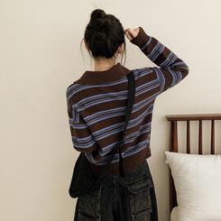 オーバーストライプボタンニット BROWN