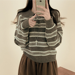 オーバーストライプボタンニット GREY