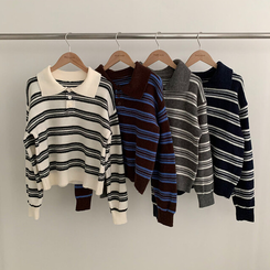 オーバーストライプボタンニット