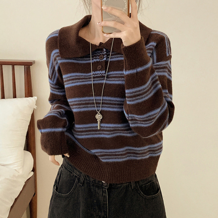 オーバーストライプボタンニット BROWN