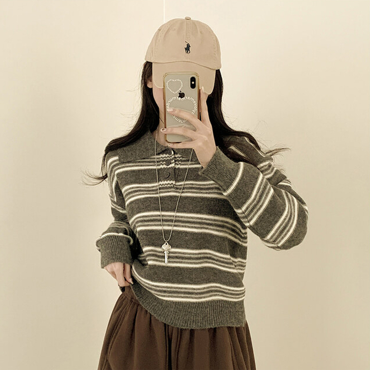 オーバーストライプボタンニット GREY