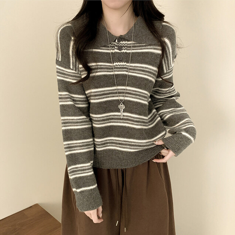 オーバーストライプボタンニット GREY