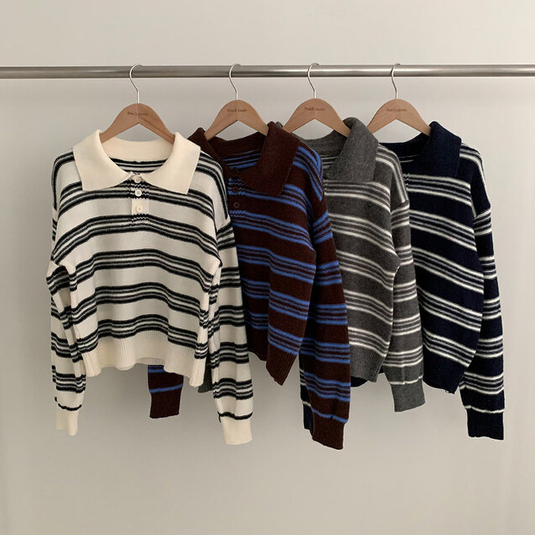 オーバーストライプボタンニット