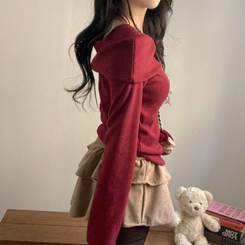 ふんわりオフスクエア長袖Tシャツ WINE