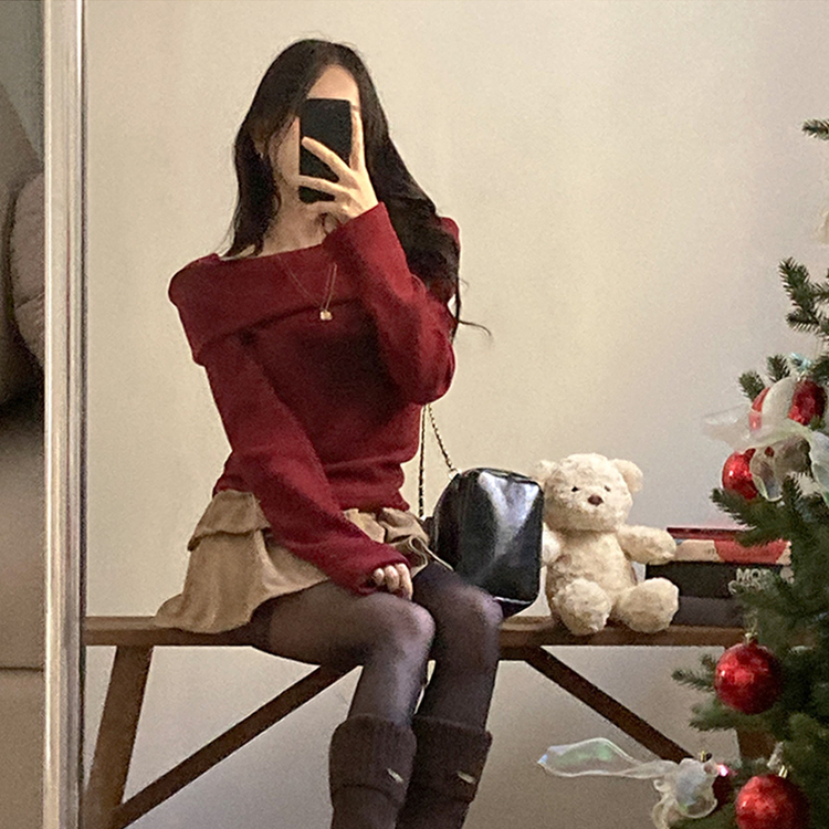 ふんわりオフスクエア長袖Tシャツ WINE