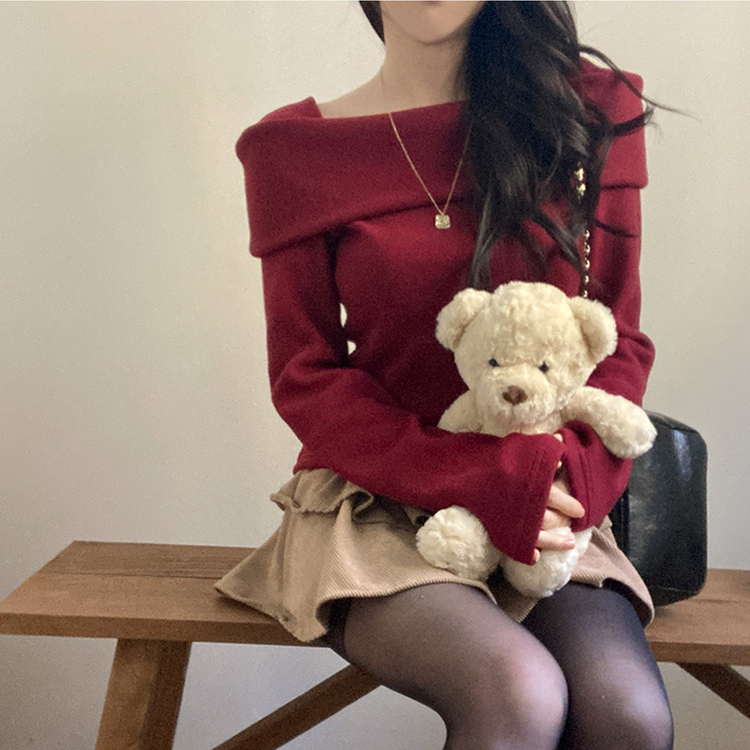 ふんわりオフスクエア長袖Tシャツ WINE