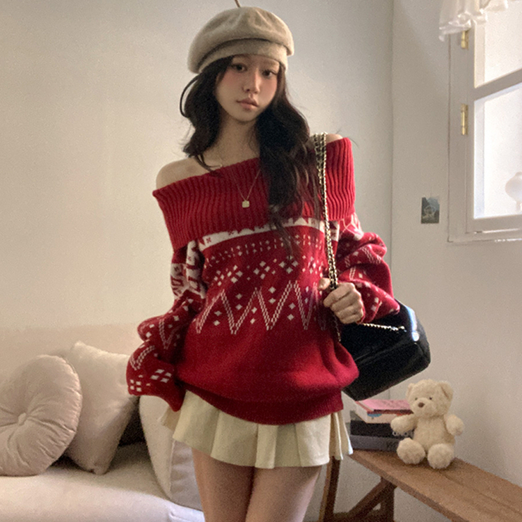 スノーノルディックバルーンオフニット RED