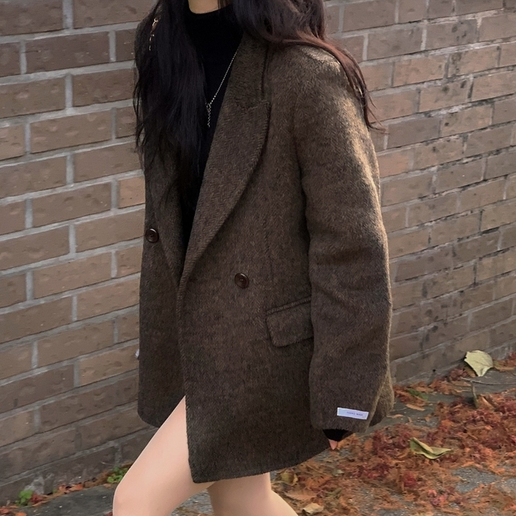 겨울 데이트날 헤링본 더블 버튼 핸드메이드 카라 코트 자켓