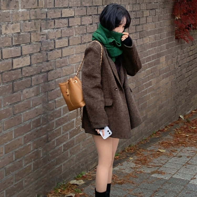 겨울 데이트날 헤링본 더블 버튼 핸드메이드 카라 코트 자켓