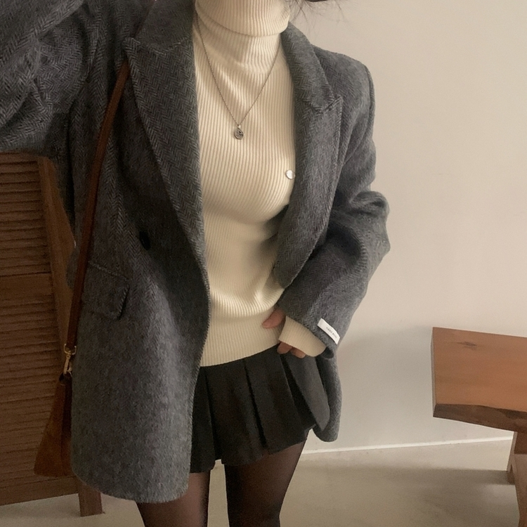 겨울 데이트날 헤링본 더블 버튼 핸드메이드 카라 코트 자켓