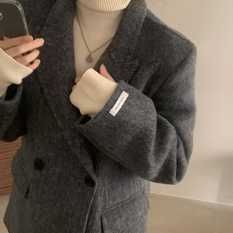 겨울 데이트날 헤링본 더블 버튼 핸드메이드 카라 코트 자켓