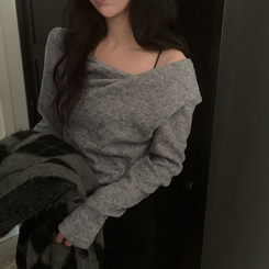 이사벨 기모 셔링 드레이프 긴팔티셔츠 그레이