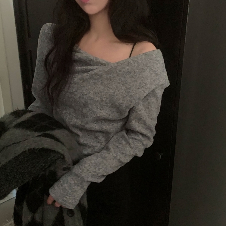 이사벨 기모 셔링 드레이프 긴팔티셔츠 그레이