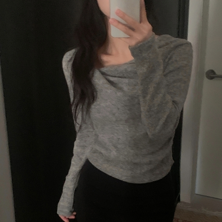 이사벨 기모 셔링 드레이프 긴팔티셔츠 그레이