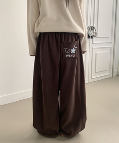 MADE특가 위시 융기모 유니크 엔젤스타 프린팅 사이드 절개 밑단 스트링 롱 와이드 트레이닝 팬츠 브라운