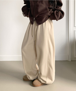 MADE특가 위시 융기모 유니크 엔젤스타 프린팅 사이드 절개 밑단 스트링 롱 와이드 트레이닝 팬츠 연베이지