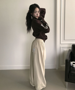 MADE특가 위시 융기모 유니크 엔젤스타 프린팅 사이드 절개 밑단 스트링 롱 와이드 트레이닝 팬츠 연베이지