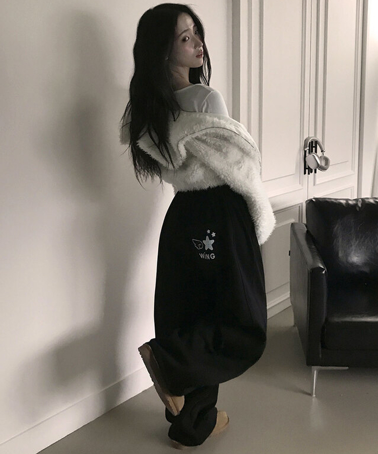 MADE특가 위시 융기모 유니크 엔젤스타 프린팅 사이드 절개 밑단 스트링 롱 와이드 트레이닝 팬츠 블랙