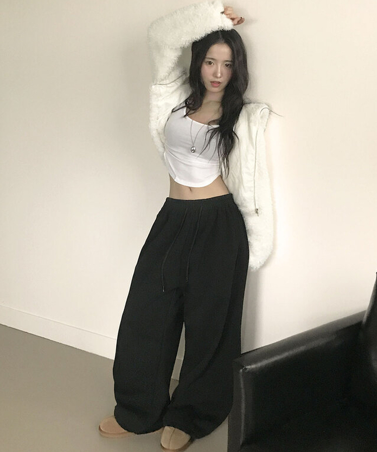 MADE특가 위시 융기모 유니크 엔젤스타 프린팅 사이드 절개 밑단 스트링 롱 와이드 트레이닝 팬츠 블랙