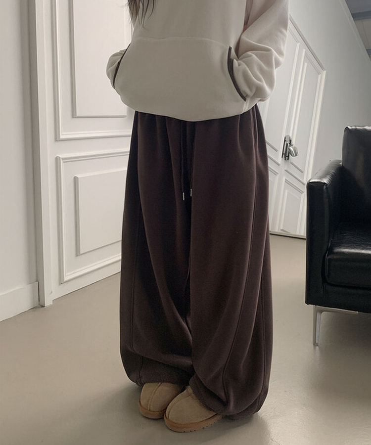 MADE특가 위시 융기모 유니크 엔젤스타 프린팅 사이드 절개 밑단 스트링 롱 와이드 트레이닝 팬츠 브라운