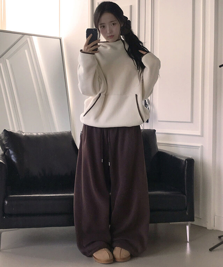 MADE특가 위시 융기모 유니크 엔젤스타 프린팅 사이드 절개 밑단 스트링 롱 와이드 트레이닝 팬츠 브라운