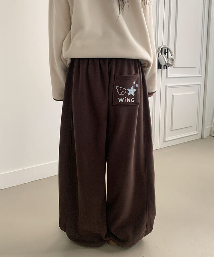 MADE특가 위시 융기모 유니크 엔젤스타 프린팅 사이드 절개 밑단 스트링 롱 와이드 트레이닝 팬츠 브라운