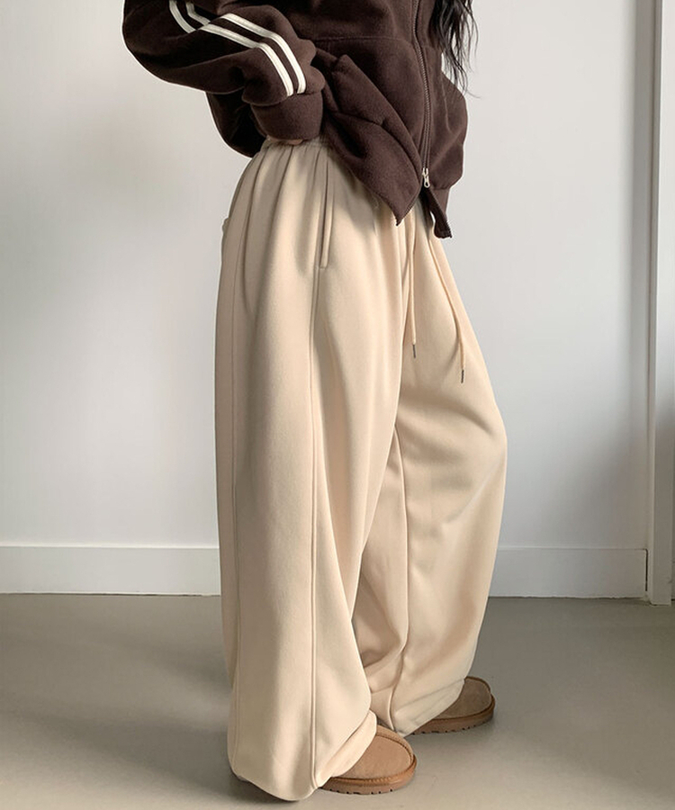 MADE특가 위시 융기모 유니크 엔젤스타 프린팅 사이드 절개 밑단 스트링 롱 와이드 트레이닝 팬츠 연베이지