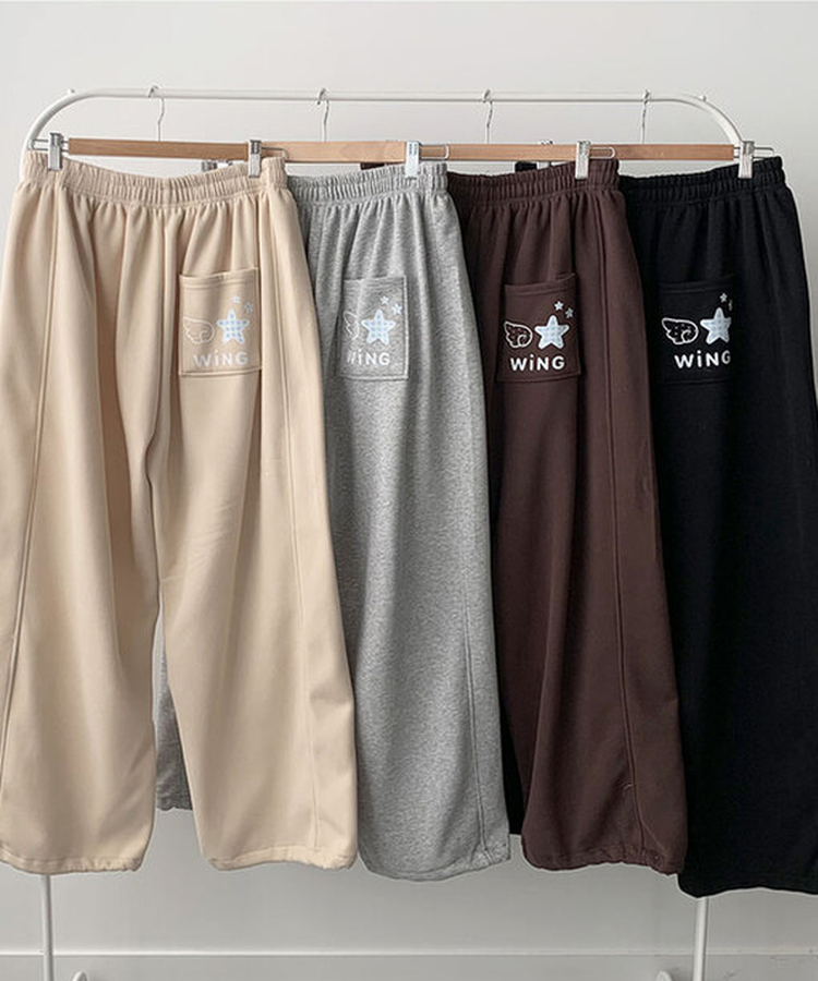 MADE특가 위시 융기모 유니크 엔젤스타 프린팅 사이드 절개 밑단 스트링 롱 와이드 트레이닝 팬츠