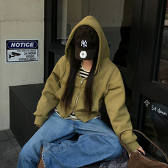 【起毛】クロップフードジップアップ(6color) OLIVE