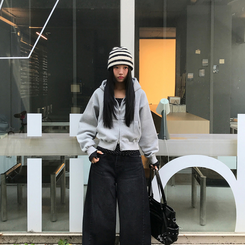 【起毛】クロップフードジップアップ(6color) GREY