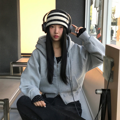 【起毛】クロップフードジップアップ(6color) GREY