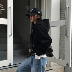 【起毛】クロップフードジップアップ(6color) BLACK