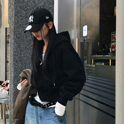 【起毛】クロップフードジップアップ(6color) BLACK